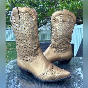 Vintage 80s Nine West Metallic Gold Copper Leather Cutout Western Boots 7.5 8